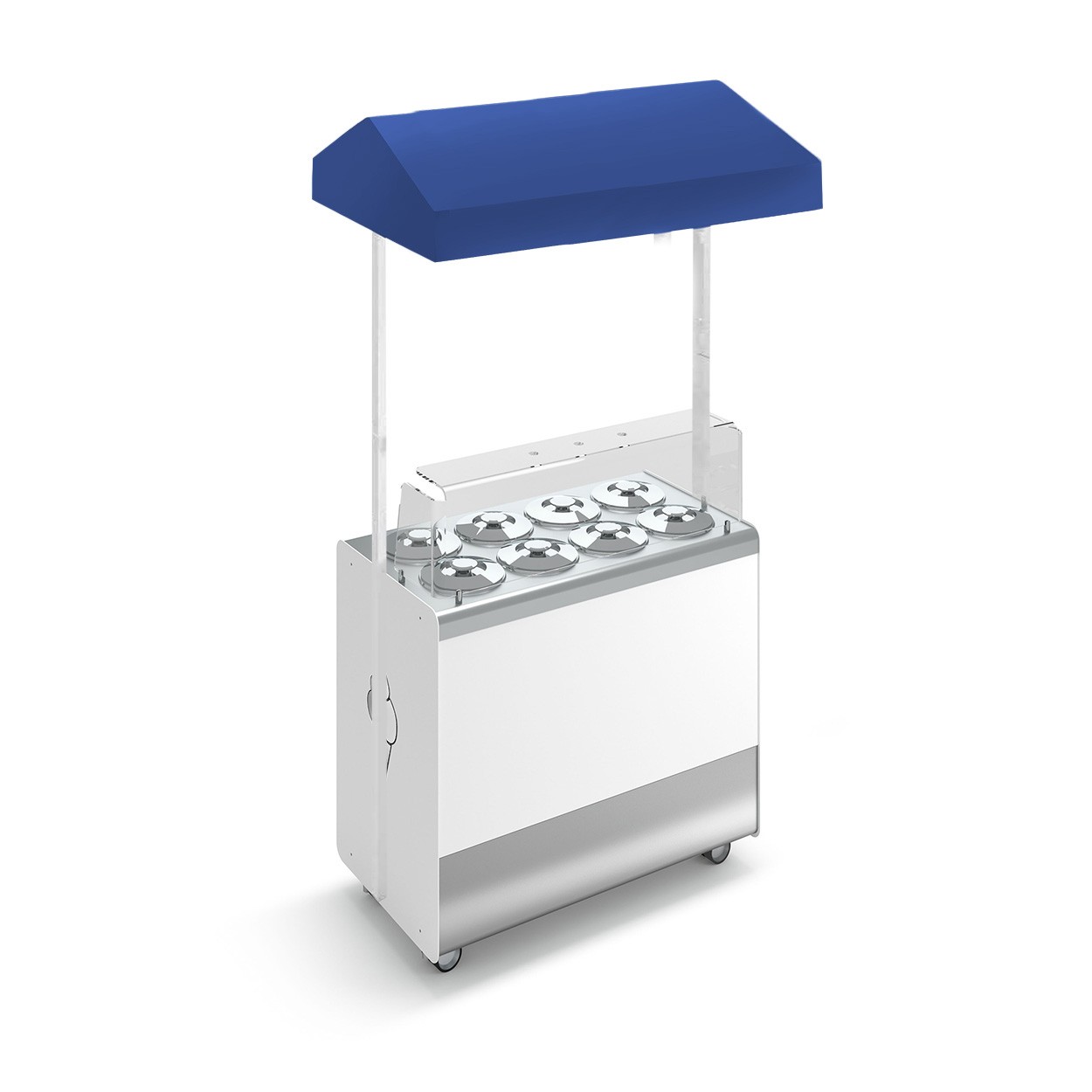 Vitrina de helados con ruedas Joy 8 cubetas cilíndricas  con reserva,  toldo telescópico azul,  L 1076 x P 856 x H 2170 mm