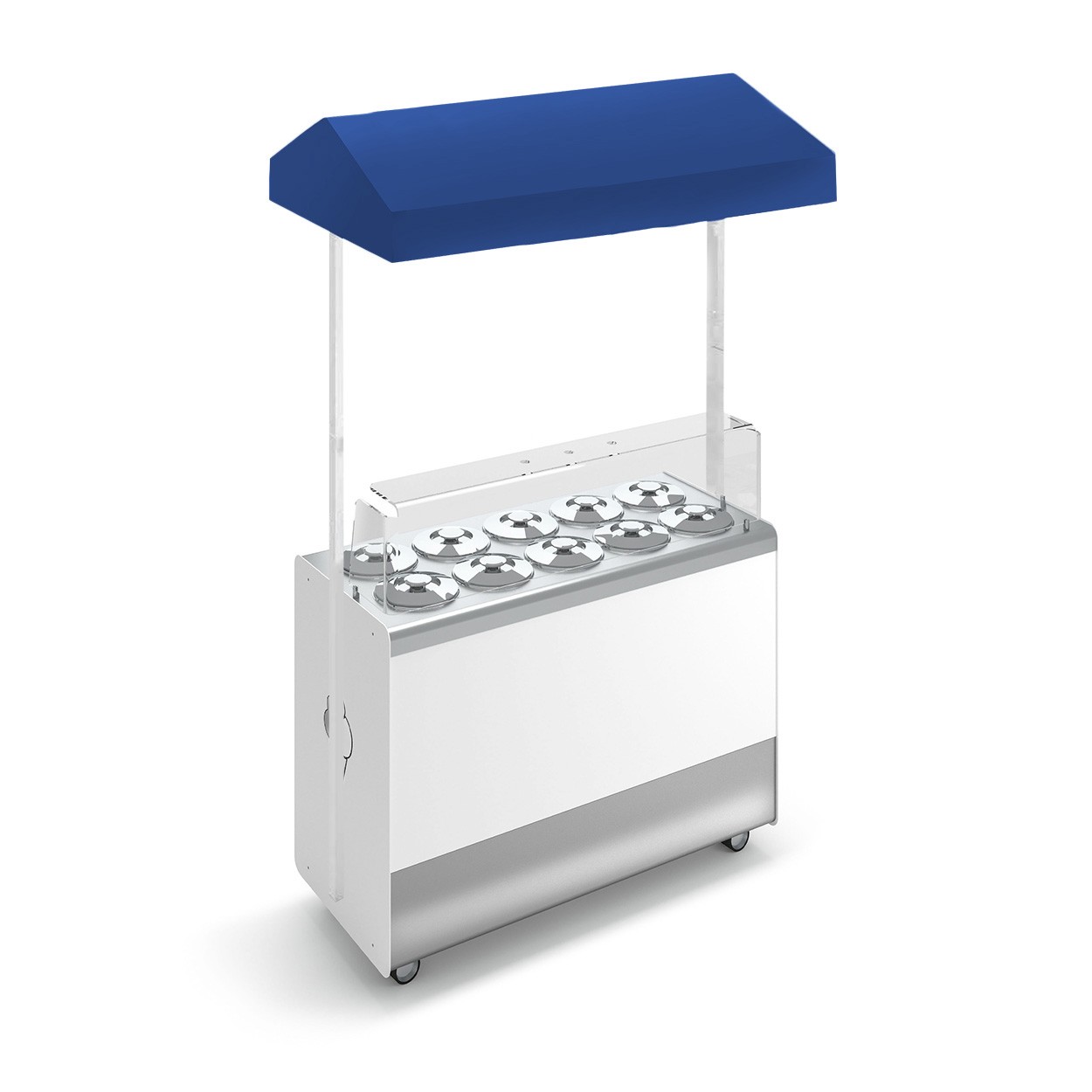 Vitrina de helados ventilada con ruedas Joy 10 cubetas cilíndricas  con reserva,  toldo azul,  L 1316 x P 856 x H 2170 mm