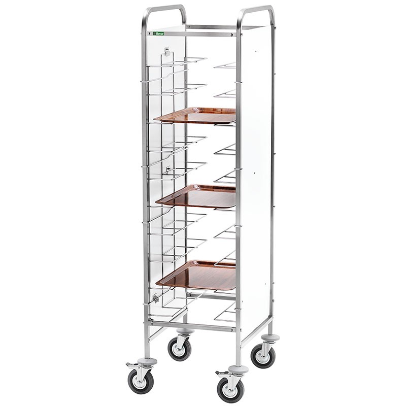 Carro portabandejas universal con paneles laterales en perfex blanco para 10 bandejas - L 550 mm x P 620 mm x H 1750 mm