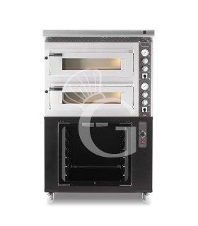 Horno eléctrico de 2 cámaras para 4+4 pizzas Ø 350 mm, control mecánico, con campana inox y cámara fermentación negra