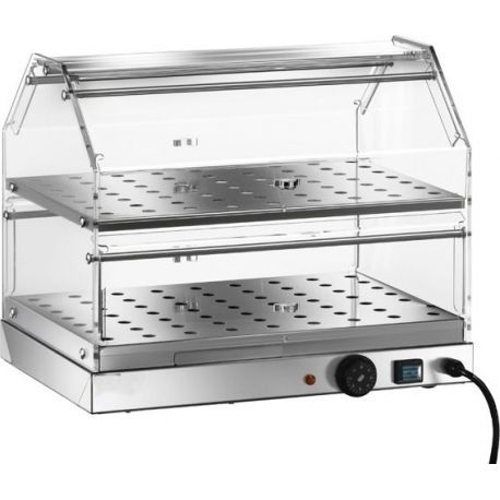Vitrina caliente de acero inoxidable y plexiglás 2 estantes +30°C/+90°C L 850 mm x P 350 mm x A 400 mm