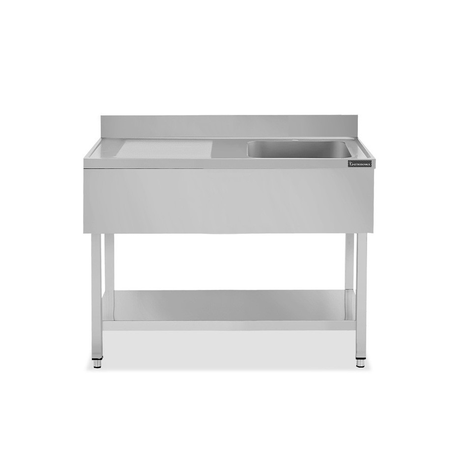 Fregadero inox con 1 cubeta y escurridor a la izquierda, estante y peto L 1100 mm x P 700 mm x A 950 mm