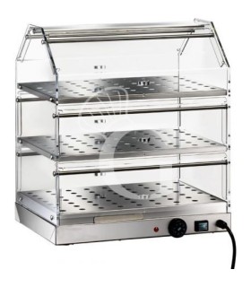 Vitrina caliente de acero inoxidable y plexiglás 3 estantes +30°C/+90°C L 850 mm x P 350 mm x H 540 mm