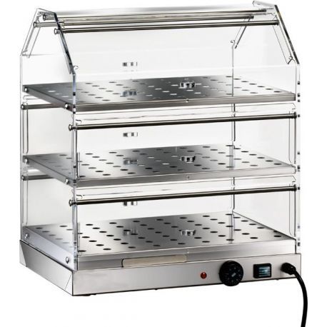 Vitrina caliente de acero inoxidable y plexiglás 3 estantes +30°C/+90°C L 850 mm x P 350 mm x H 540 mm