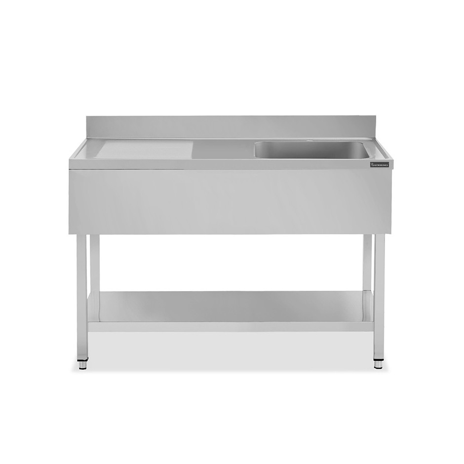 Fregadero inox con 1 cubeta y escurridor a la derecha, estante y peto L 1400 mm x P 600 mm x A 950 mm