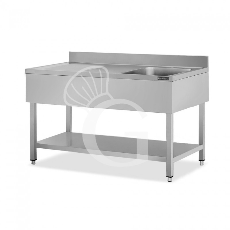 Fregadero inox con 1 cubeta y escurridor a la derecha, estante y peto L 1400 mm x P 600 mm x A 950 mm