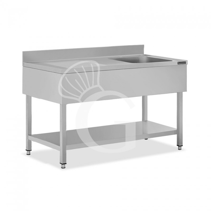 Fregadero inox con 1 cubeta y escurridor a la derecha, estante y peto L 1400 mm x P 600 mm x A 950 mm