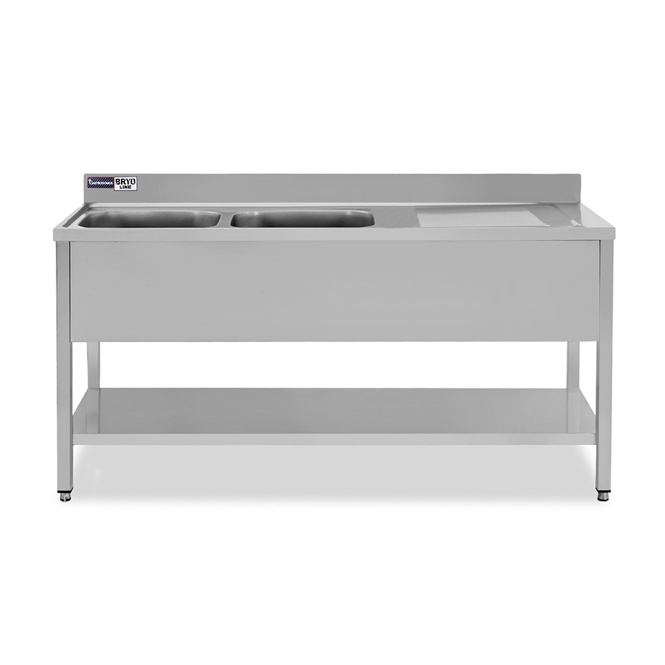 Fregadero con peto, 1 estante, 2 cubetas, escurridor a la derecha, L 2000 x P 600 x H 965 mm - con orificio para grifo Ø 32 mm