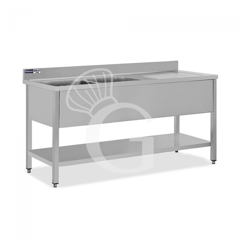 Fregadero con peto, 1 estante, 2 cubetas, escurridor a la derecha, L 2000 x P 600 x H 965 mm - con orificio para grifo Ø 32 mm
