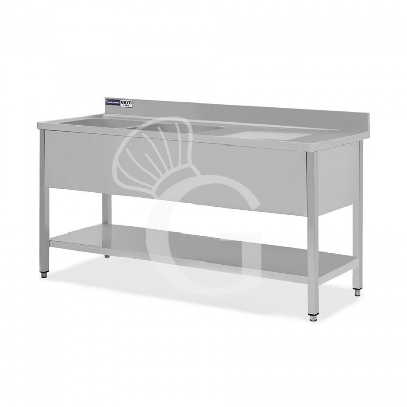 Fregadero con peto, 1 estante, 2 cubetas, escurridor a la derecha, L 2000 x P 600 x H 965 mm - con orificio para grifo Ø 32 mm