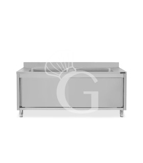 Fregadero sobre armario, puertas correderas, 2 cubetas, peto, L 2000 x P 600 x H 965 mm - con orificio para grifo Ø 32 mm
