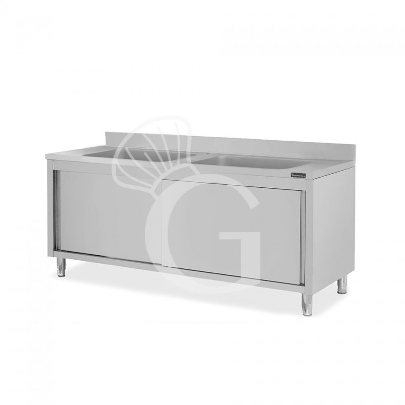 Fregadero sobre armario, puertas correderas, 2 cubetas, peto, L 2000 x P 600 x H 965 mm - con orificio para grifo Ø 32 mm