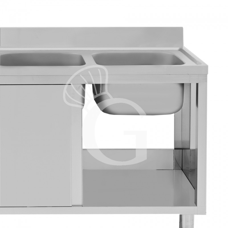 Fregadero con 2 puertas correderas , 2 senos, escurridor lado izquierdo L 1900 mm x P 600 mm x H 962 mm - con agujero Ø 32 mm