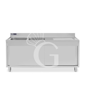 Fregadero con mueble de acero inox, 2 puertas, 2 cubetas,escurridor a la derecha L2000xP700xA965-agujero para el grifo Ø32mm