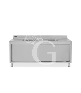 Fregadero sobre armario, puertas correderas, 2 cubetas, alzatina, L 1800 x P 700 x H 965 mm - con orificio para grifo Ø 32 mm