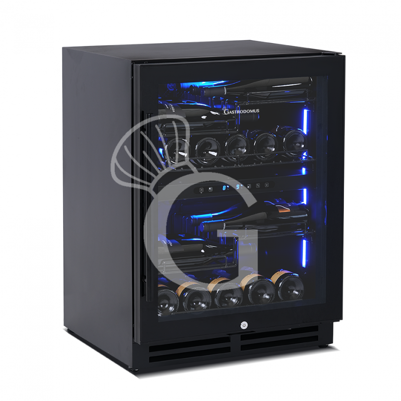 Vinoteca ventilada de doble temperatura, 150 L, 4 estantes, capacidad para 34 botellas +5°C/+12°C - +12°C/+22°C.