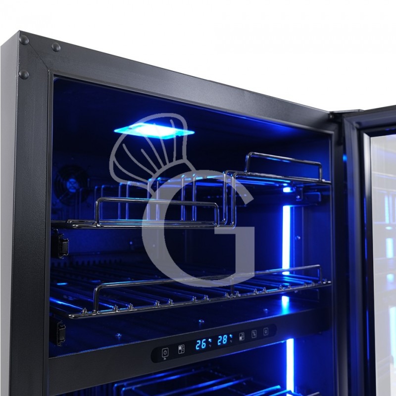 Vinoteca ventilada de doble temperatura, 150 L, 4 estantes, capacidad para 34 botellas +5°C/+12°C - +12°C/+22°C.