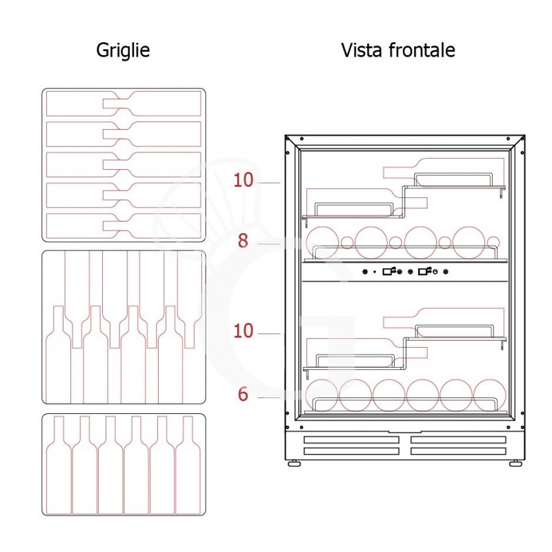 Vinoteca ventilada de doble temperatura, 150 L, 4 estantes, capacidad para 34 botellas +5°C/+12°C - +12°C/+22°C.