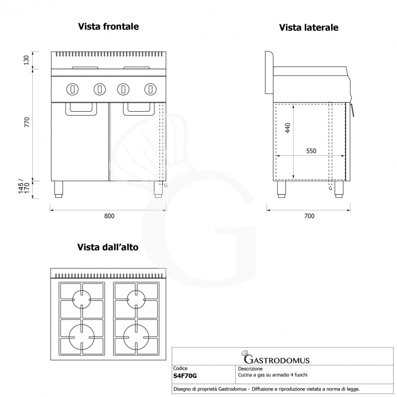 Cocina profesional a gas 4 fuegos armario cerrado profundidad 700 mm