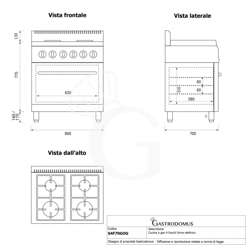 Cocina profesional de gas 4 fuegos horno eléctrico estático profundidad 700 mm