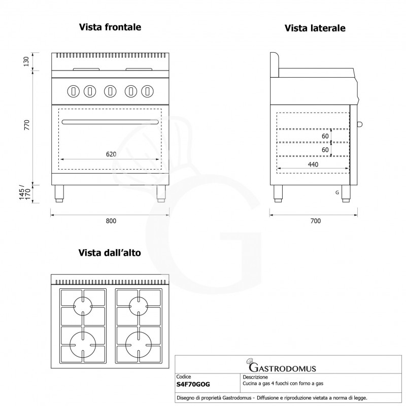 Cocina profesional de gas 4 fuegos horno de gas estático profundidad 700 mm