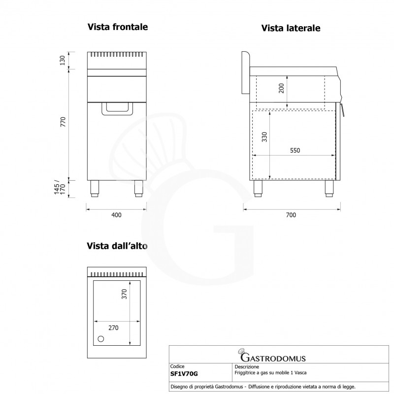 Freidora profesional de gas sobre mueble cerrado 1 cuba 20 LT 15,5 KW