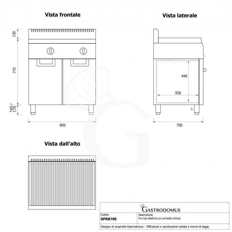Fry top eléctrico sobre armario cerrado plancha simple estriada P 700 mm