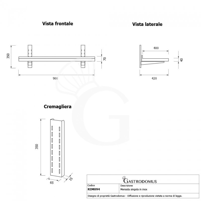 Estante de pared de acero inoxidable L 900 mm x P 400 mm x A 350 mm