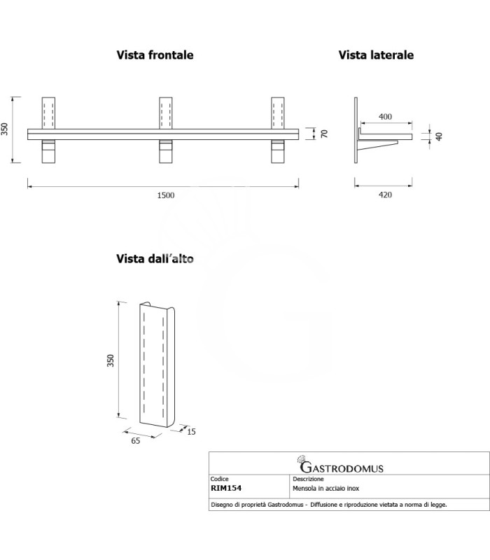 Estante de pared de acero inoxidable L 1500 mm x P 400 mm x A 350 mm