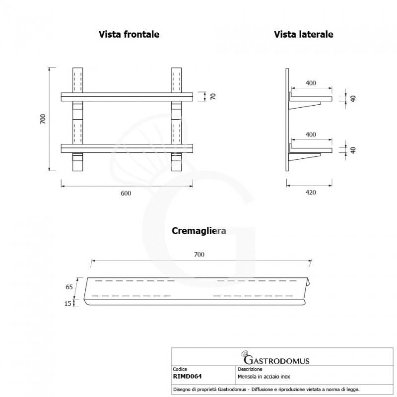 Estante de pared doble de acero inoxidable L 600 mm x P 400 mm x A 700 mm