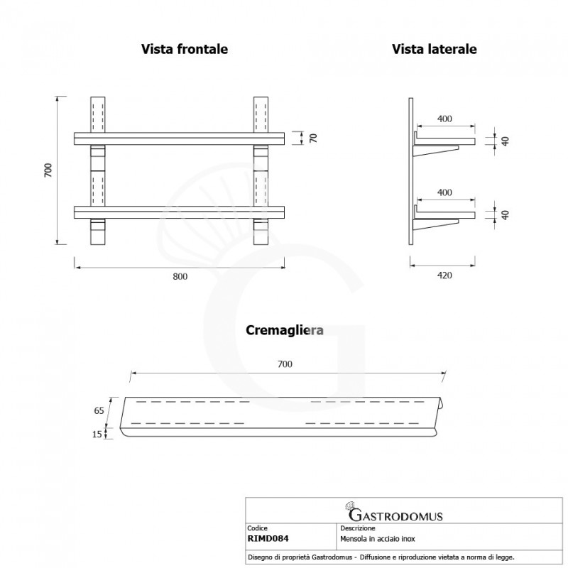 Estante de pared doble de acero inoxidable L 800 mm x P 400 mm x A 700 mm