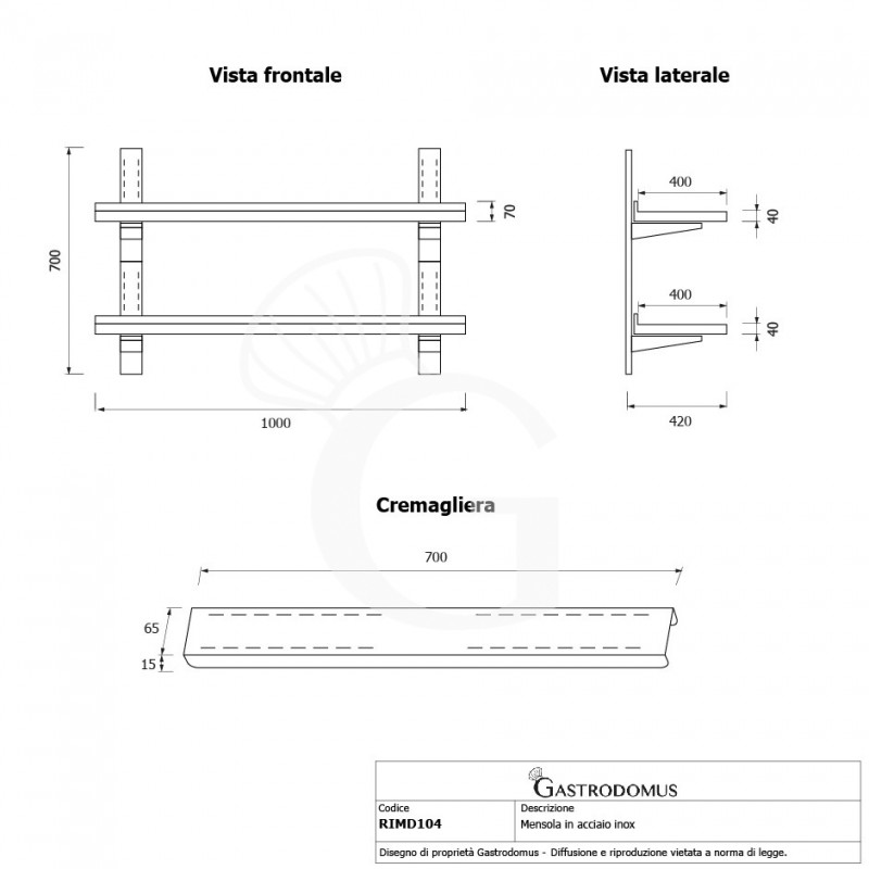 Estante de pared doble de acero inoxidable L 1000 mm x P 400 mm x A 700 mm