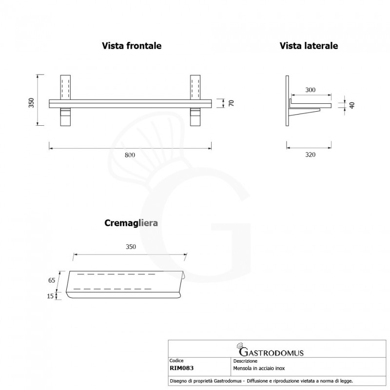 Estante de pared de acero inoxidable L 800 mm x P 300 mm x A 350 mm