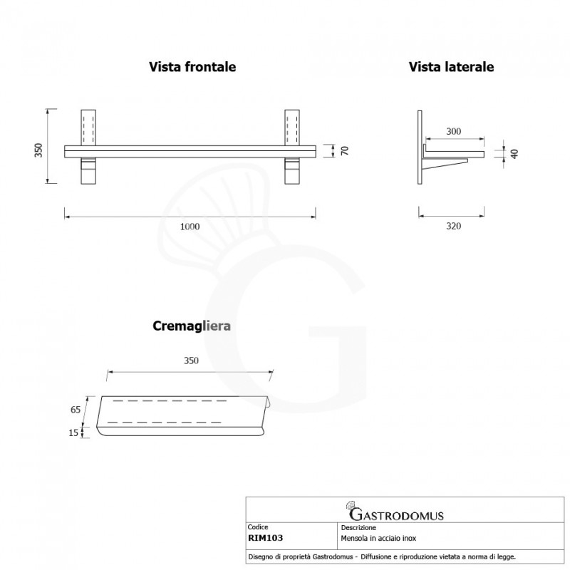 Estante de pared de acero inoxidable L 1000 mm x P 300 mm x A 350 mm
