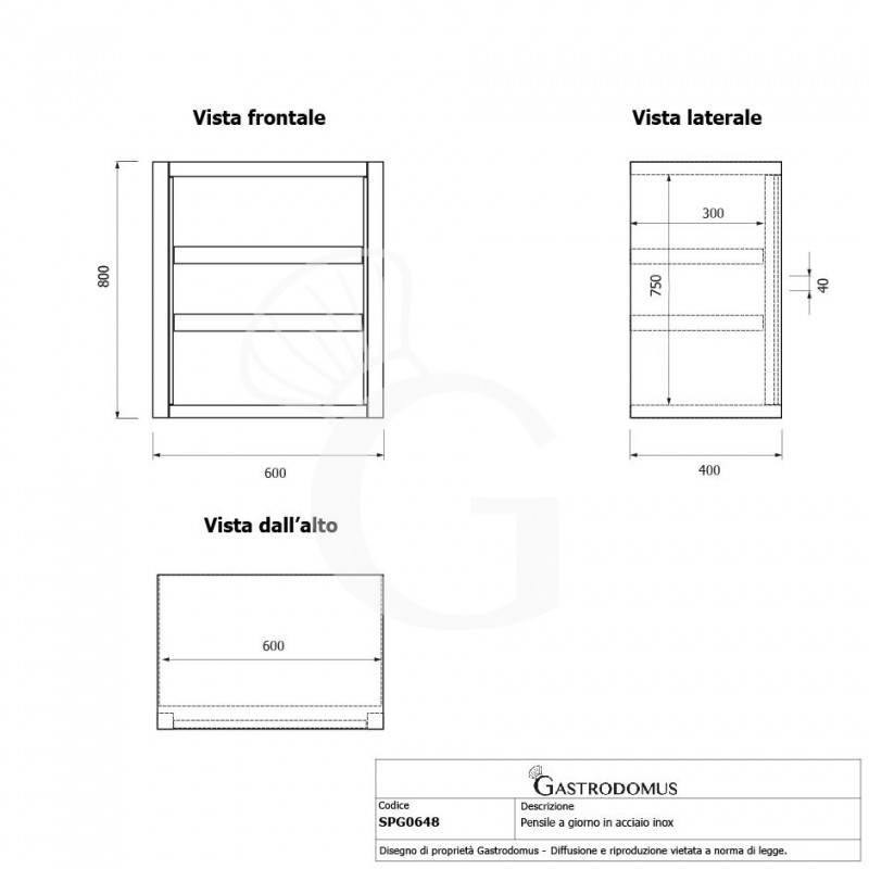 Estantería de pared acero inoxidable sin puertas con 2 estantes, L 600 mm x P 400 mm x H 800 mm