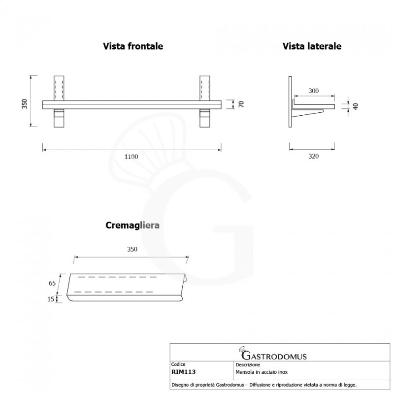 Estante de pared de acero inoxidable L 1100 mm x P 300 mm x A 350 mm