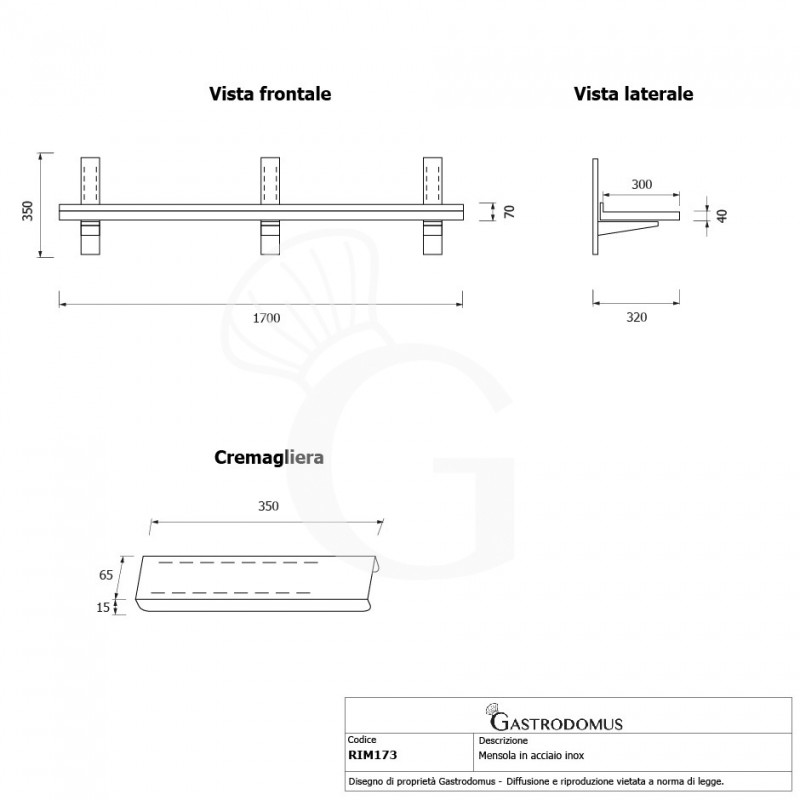 Estante de pared de acero inoxidable L 1700 mm x P 300 mm x A 350 mm