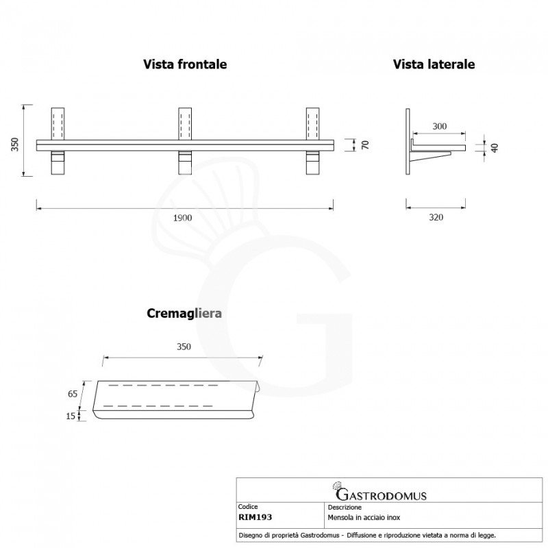 Estante de pared de acero inoxidable L 1900 mm x P 300 mm x A 350 mm