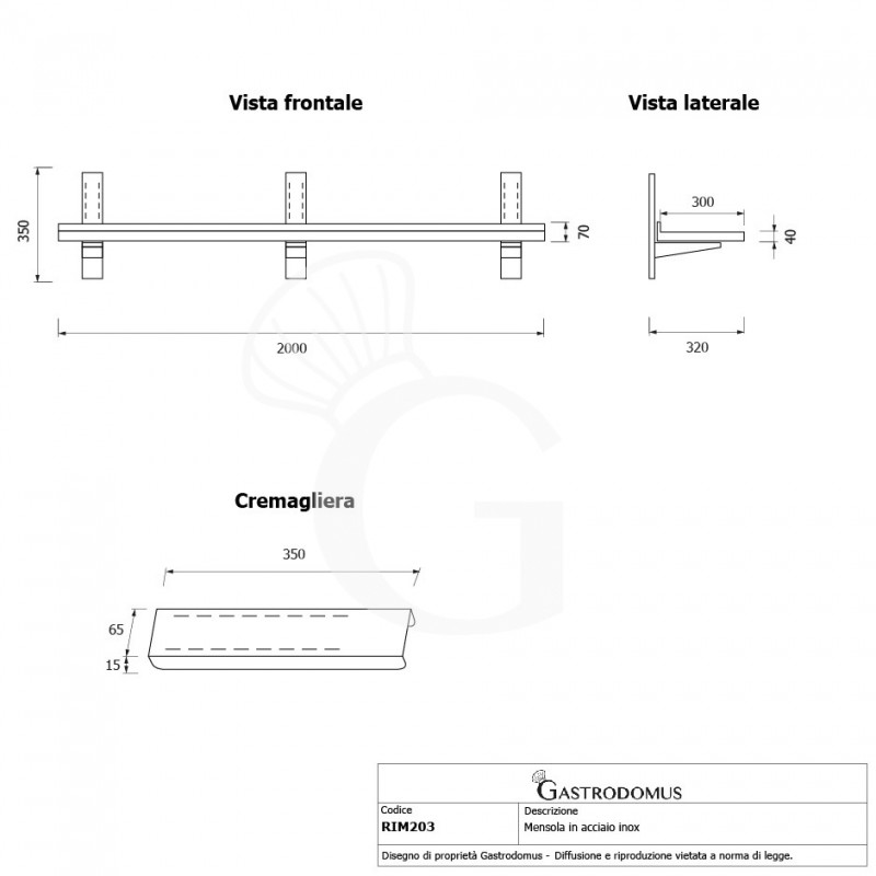 Estante de pared de acero inoxidable L 2000 mm x P 300 mm x A 350 mm