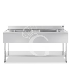 Fregadero inox 1 estante, peto trasero, 2 cubas, 2 escurridores, L1800mmxP700mmxA965mm-agujero para el grifo Ø 32 mm
