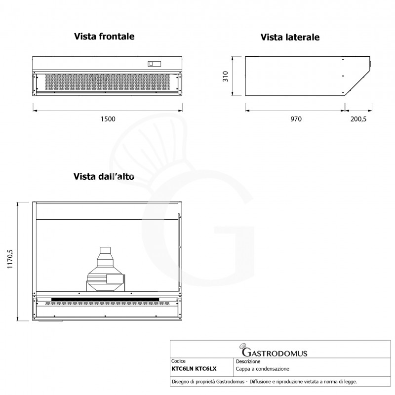 Campana de condensación inox dimensiones L 1500 mm x P 1170,5 mm x H 310 mm