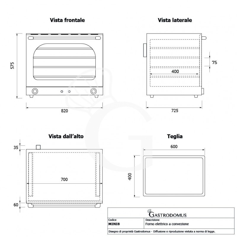 Horno eléctrico de convección y vapor, puerta abatible, controles mecánicos, 4 bandejas de 600x400 mm, potencia 6,4 kw