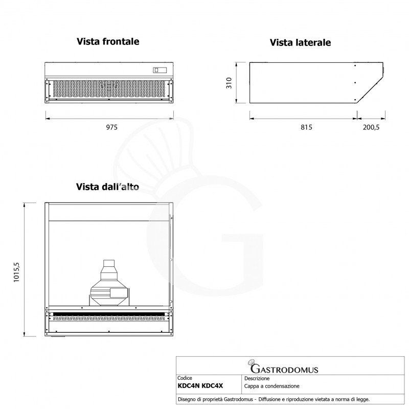 Campana de condensación inox dimensiones L 975 mm x P 1015,5 mm x H 310 mm