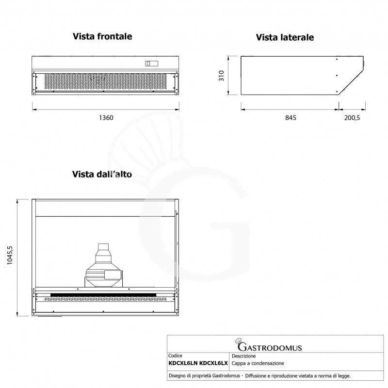 Campana de condensación inox dimensiones L 1360 mm x P 1045,5 mm x H 310 mm