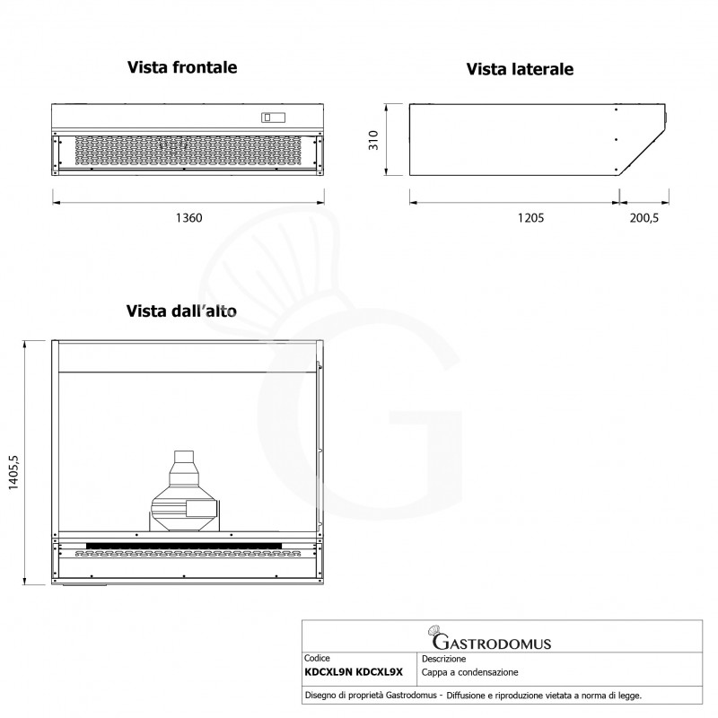 Campana de condensación inox dimensiones L 1360 mm x P 1405,5 mm x H 310 mm