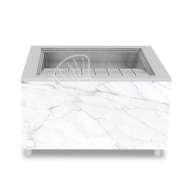 Barra para cócteles sobre ruedas con frontal de melamina calacatta L 1250 x P 682 x H 950 mm