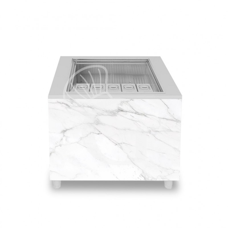 Barra para cócteles sobre ruedas con frontal de melamina calacatta L 1000 x P 682 x H 950 mm