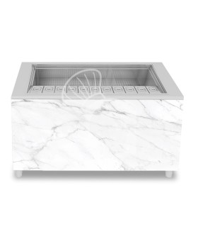 Mostrador para cócteles sobre ruedas con frontal de melamina calacatta L 1500 x P 682 x H 950 mm