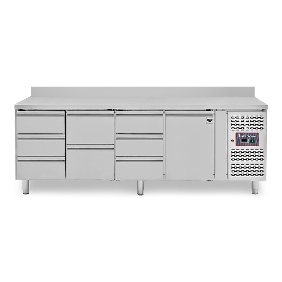 Mesa refrigerada 8 cajones 1 puerta 700 mm -2°C/+8°C, peto trasero