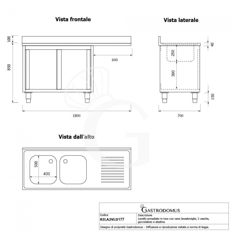 Fregadero con armario, espacio para lavavajillas, 2 cubetas, escurridor a la derecha, L1700 x P700 x H950 mm